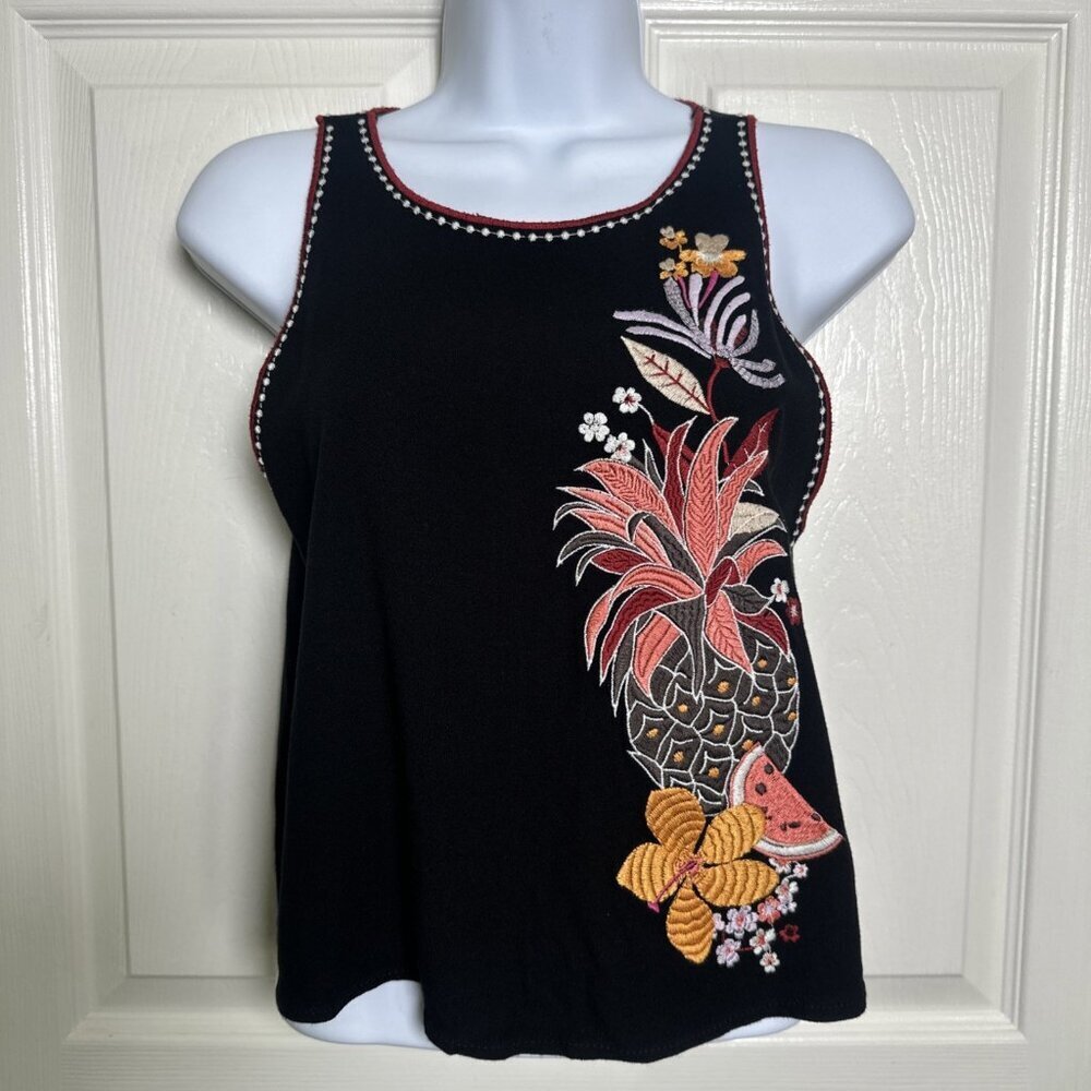 FARM Rio XS Sleeveless Black Cutwork Open-Back Top Embroidered Boho Fruit Floral